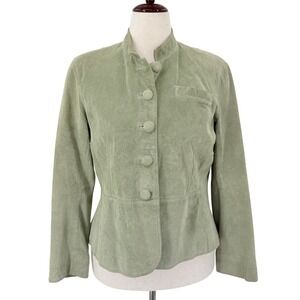 Norm Thompson Sage Green Suede Leather Mock Neck Peplum Button Front Jacket